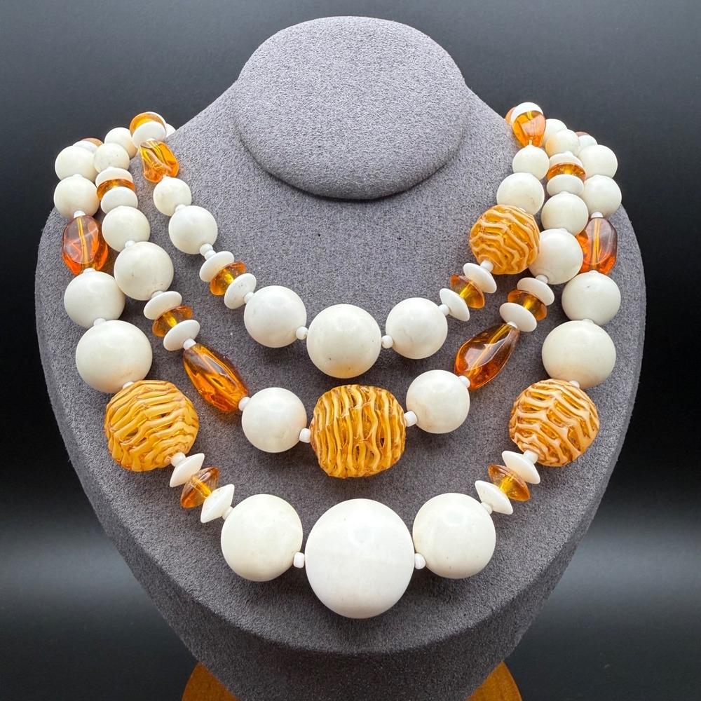 Vintage 3-Strand Cream & Amber Lucite Bead Necklace Japan Chunky Boho Statement